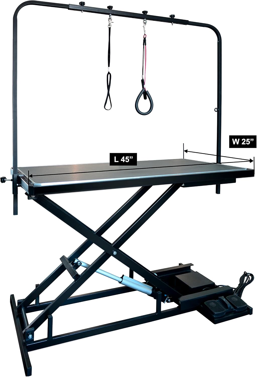 Close-up image of the foot pedals for electric lift control, showing 'Lift Up' and 'Lift Down' functions.