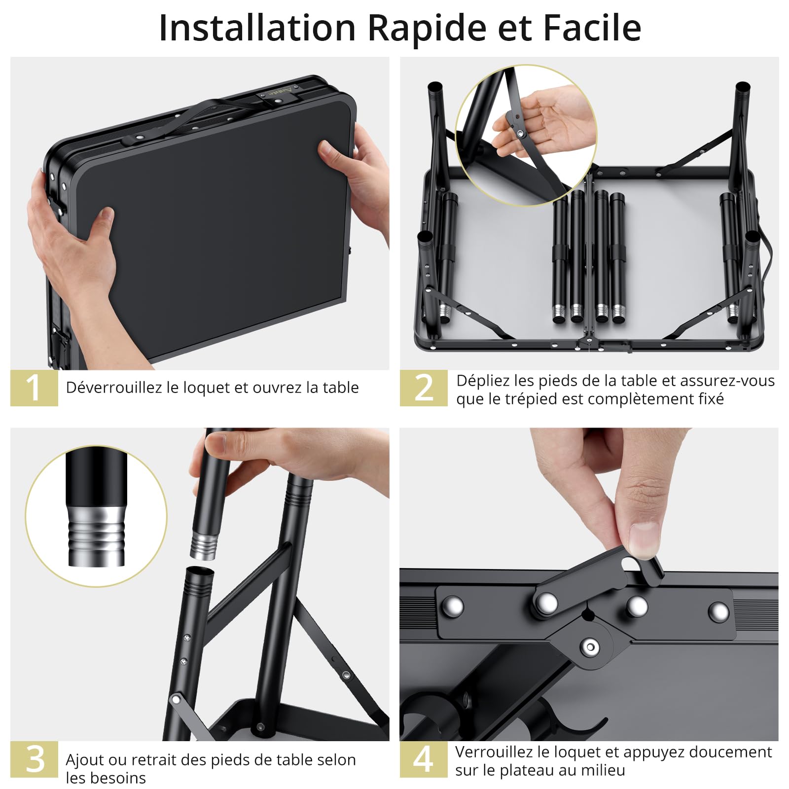 Anbte Table de Camping Pliante 60x40x27/51/74 cm en Aluminium, Noir | Table Pique-Nique avec Filet de Rangement, Légère et Portable avec Plateau en MDF pour Extérieur/Intérieur, Plage, Camping