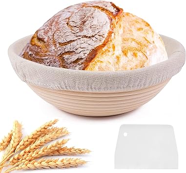 Proofing Basket Round Natural Wicker Diameter 25 cm Round Proofing Basket for Bread Baking Set Proofing Basket with Dough Scraper for 1 kg Bread and Dough Whole Grain Bread and Sourdough Bread