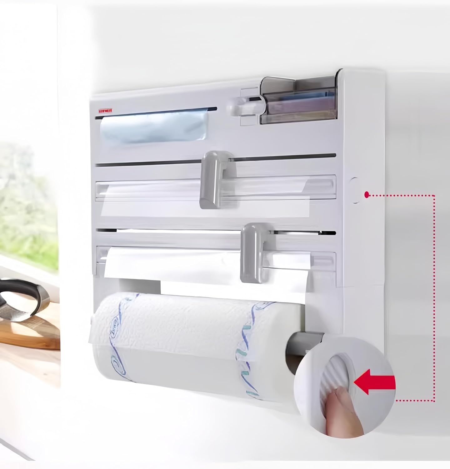 6 in 1 Wall Mounted Plastic Wrap Dispenser with Cutter – PP Aluminum Foil & Saran Wrap Organizer for Kitchen, with Paper Towel Holder, Tape Dispenser, Bag Storage, Small Items – No Drill/Screw Mount