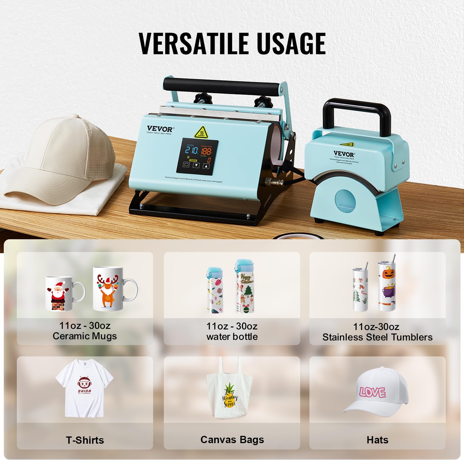 VEVOR 2 en 1 Máquina de Prensado Térmico para Vasos y Gorras Mini Prensa Térmica para Sombreros Prensa Térmica para Vasos y Tazas de Sublimación de 11-30 oz, Control de Temperatura y Tiempo, Verde