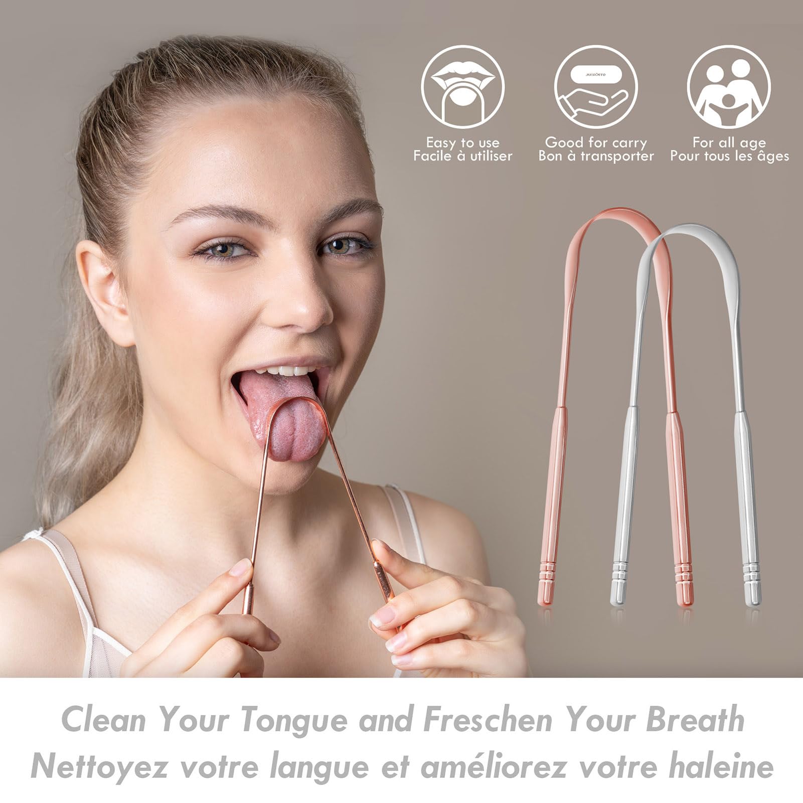 Raspador de lengua de 2 unidades, 100% acero inoxidable para adultos, raspador de lengua fácil de usar con estuche, limpieza de la lengua y reducir el mal aliento para el cuidado bucal 3