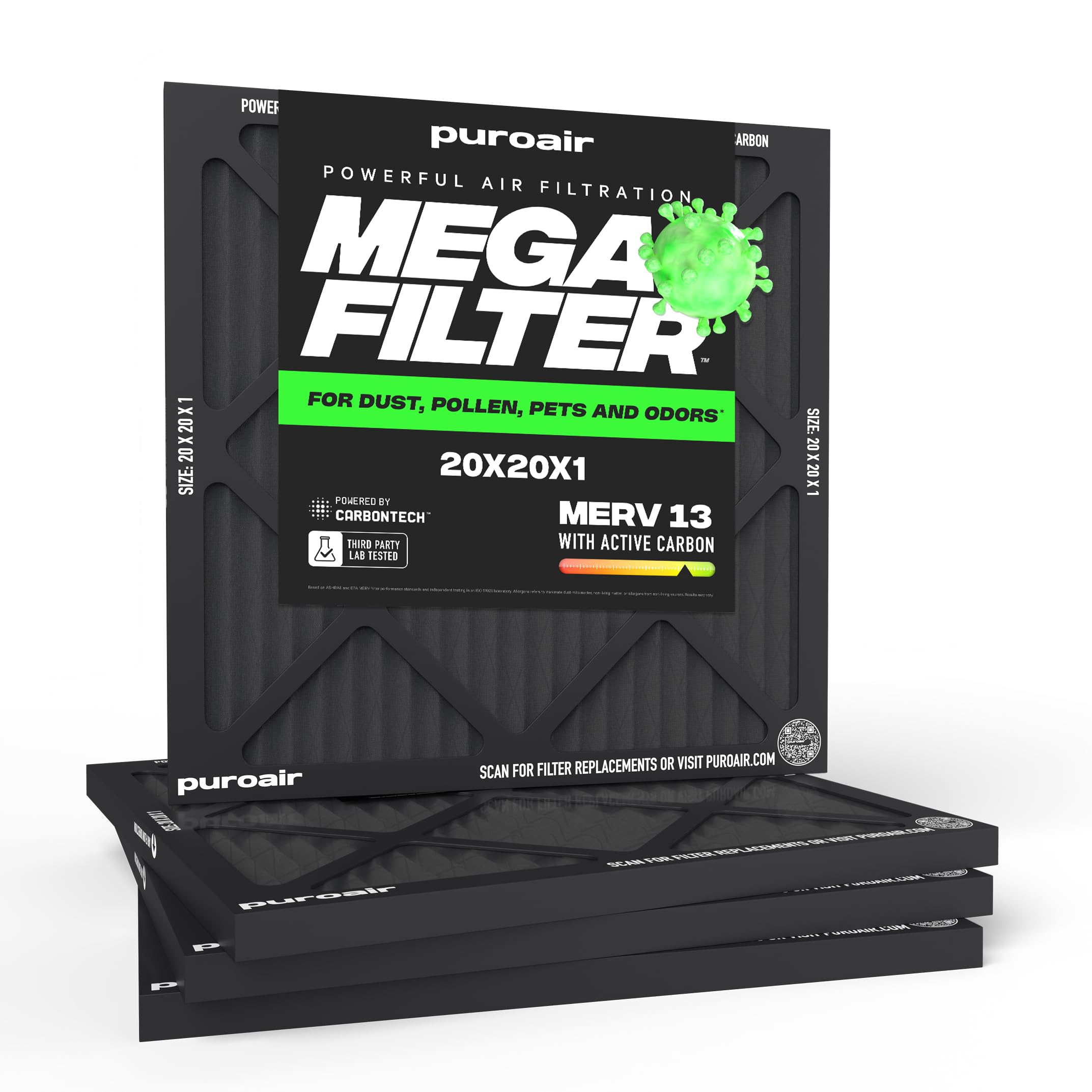 PuroAir Mega Filter - MERV 13 20x20x1 Air Filters For Home With Activated Carbon - Filters Allergens, Pet Dander, Smoke, Dust - Furnace and AC Filters - Air Filters 20x20x1 MERV 13 (4 Pack)
