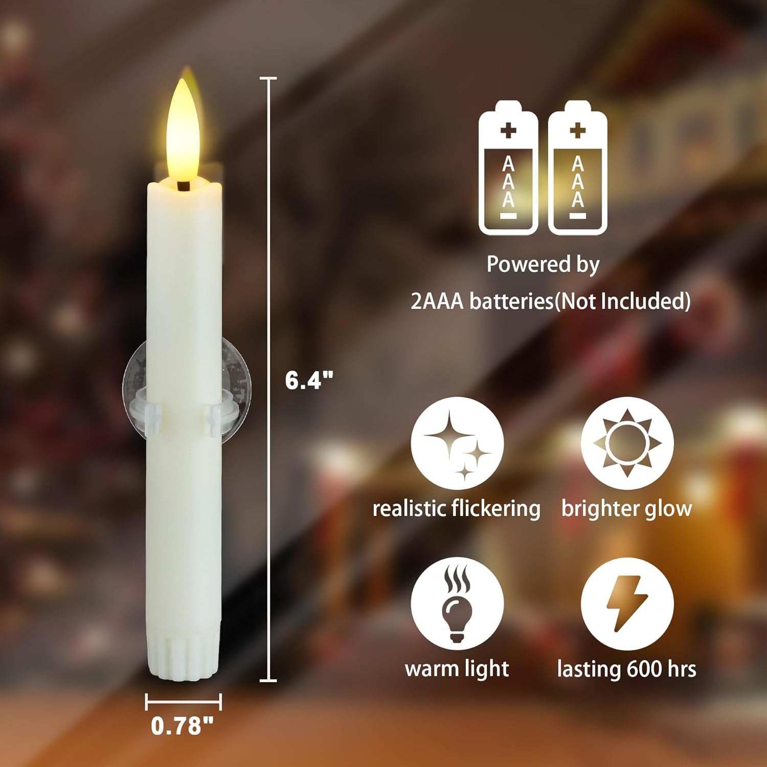 Yeelida Flickering Flameless Short Window Candles with Sensor Dusk to Dawn, 6pcs Battery Operated 0.78" x6.4" LED Ivory Plastic Taper 6 Suction Cup Long Lasting Candlesticks