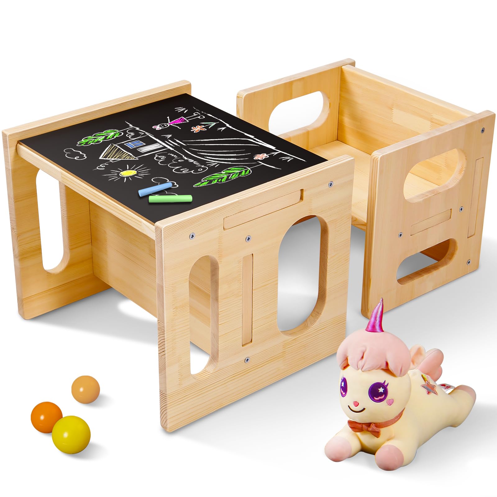 NIGILA 4 in 1 Montessori Weaning Table and Chair Set, Kids Table and Chair Set with Chalkboard, Cube Kids Table Chair for 1-4 Toddlers, Adjustable Height Activity Table for Read/Play/Art/Eat