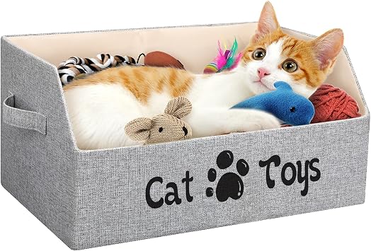 2X Thicker Large Cat Toy Bin Collapsible Cat Toy Box Sturdy Cat Toy Basket Kitten Toy Storage Bed for Organizing Cat Toys Treats Clothes and Accessories Grey