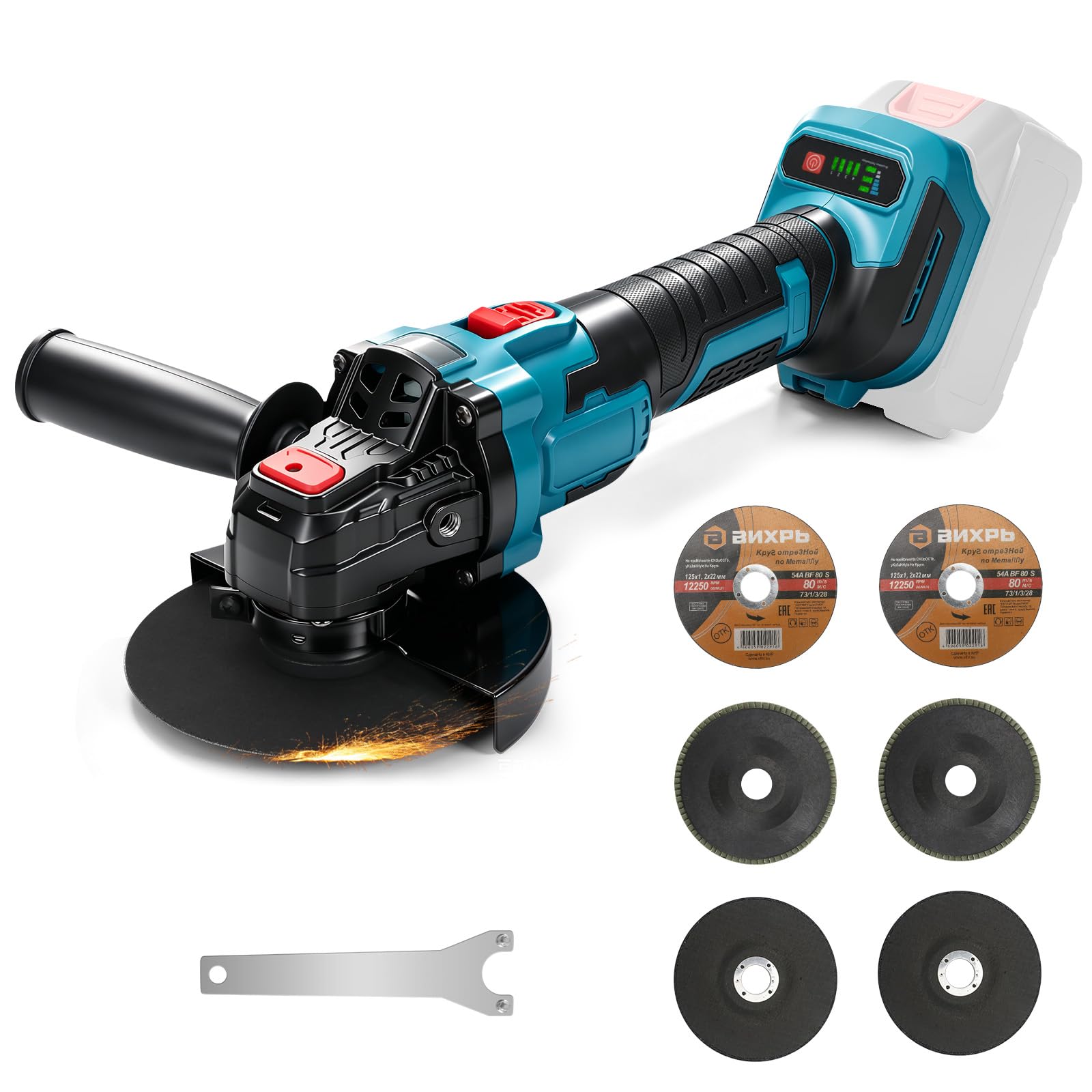 Cordless Angle Grinder Compatible with Makita 18V Battery, 125mm, Brushless, 6500 RPM, 4 Speed Control, with Auxiliary Handle, for Cutting, Grinding and Polishing