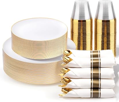 KIRE 175Pcs Gold Plates and Silverware Set & KIRE 350 PCS White and Gold Plates Disposable