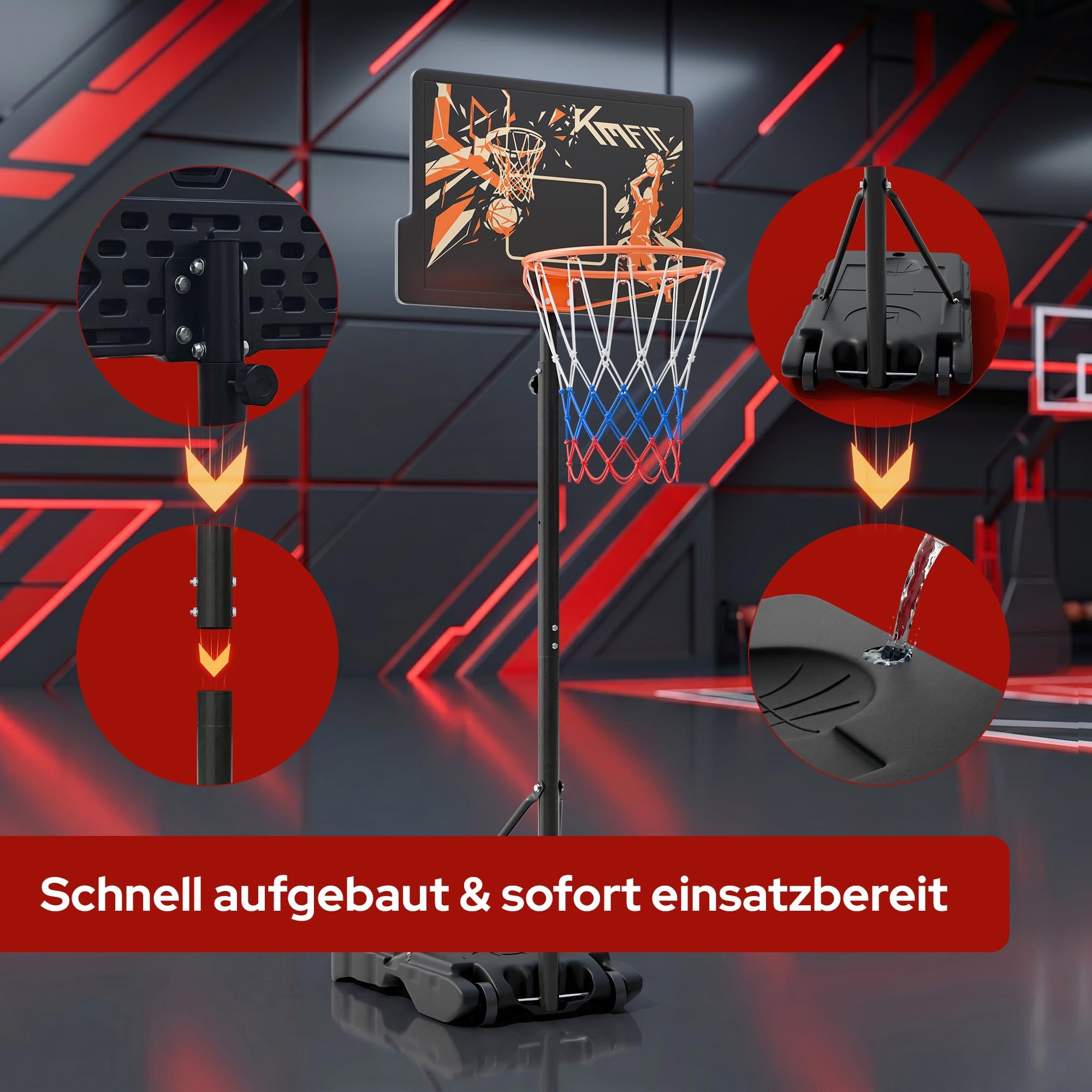 KM-Fit Basketballkorb Outdoor höhenverstellbar 110–210 cm mobiler Basketball Korb mit Rollen & Ballablage inkl. 2 Netze