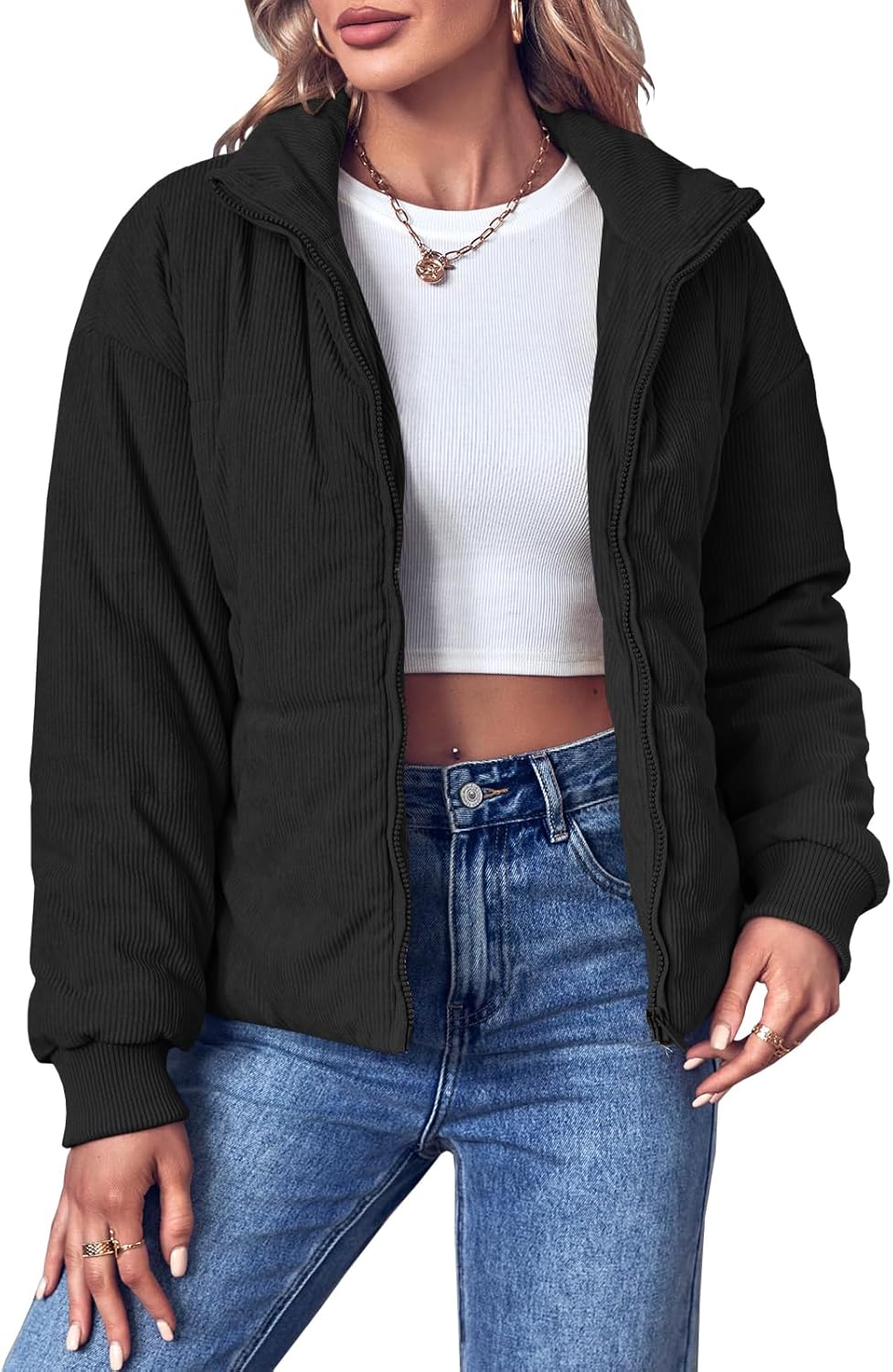 Fisoew Womens Winter Corduroy Puffer Jackets Cropped Puffy Quilted Jackets Coat 2025 - Image 3