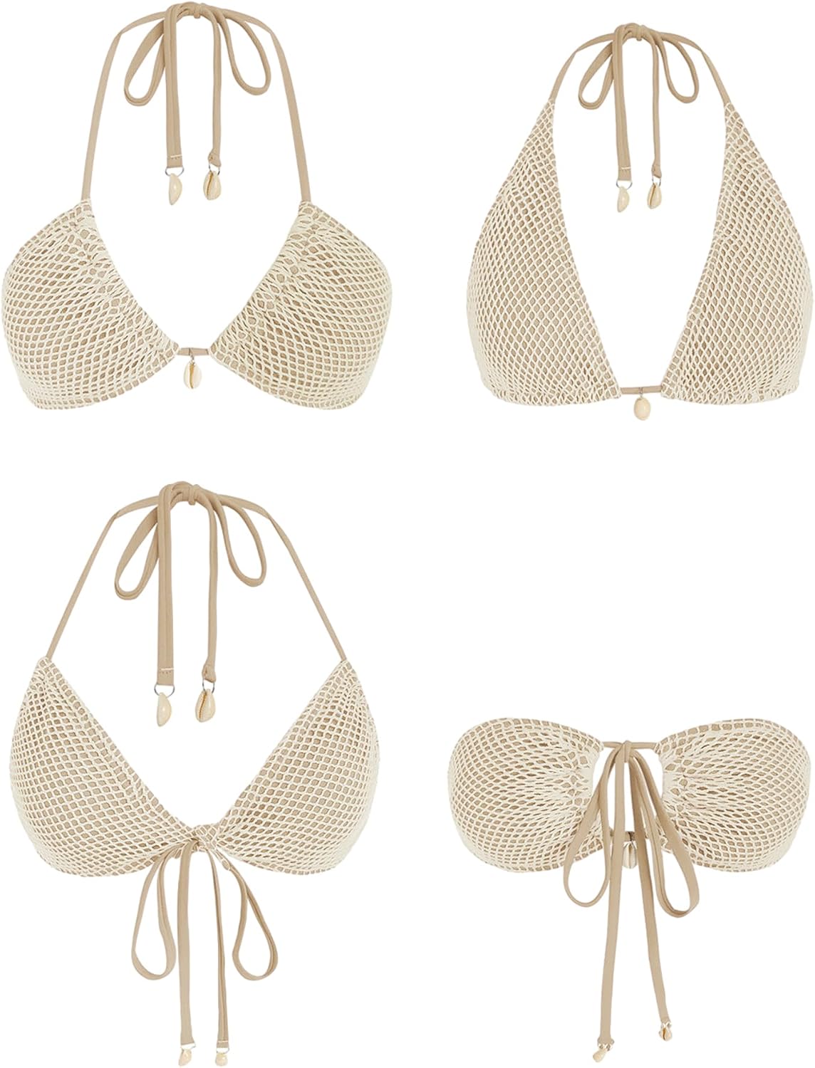 ZAFUL Women's Bikini Set Fishnet Triangle Tie Convertible Collar Halter Bandeau Shell Two Piece Bathing Suit