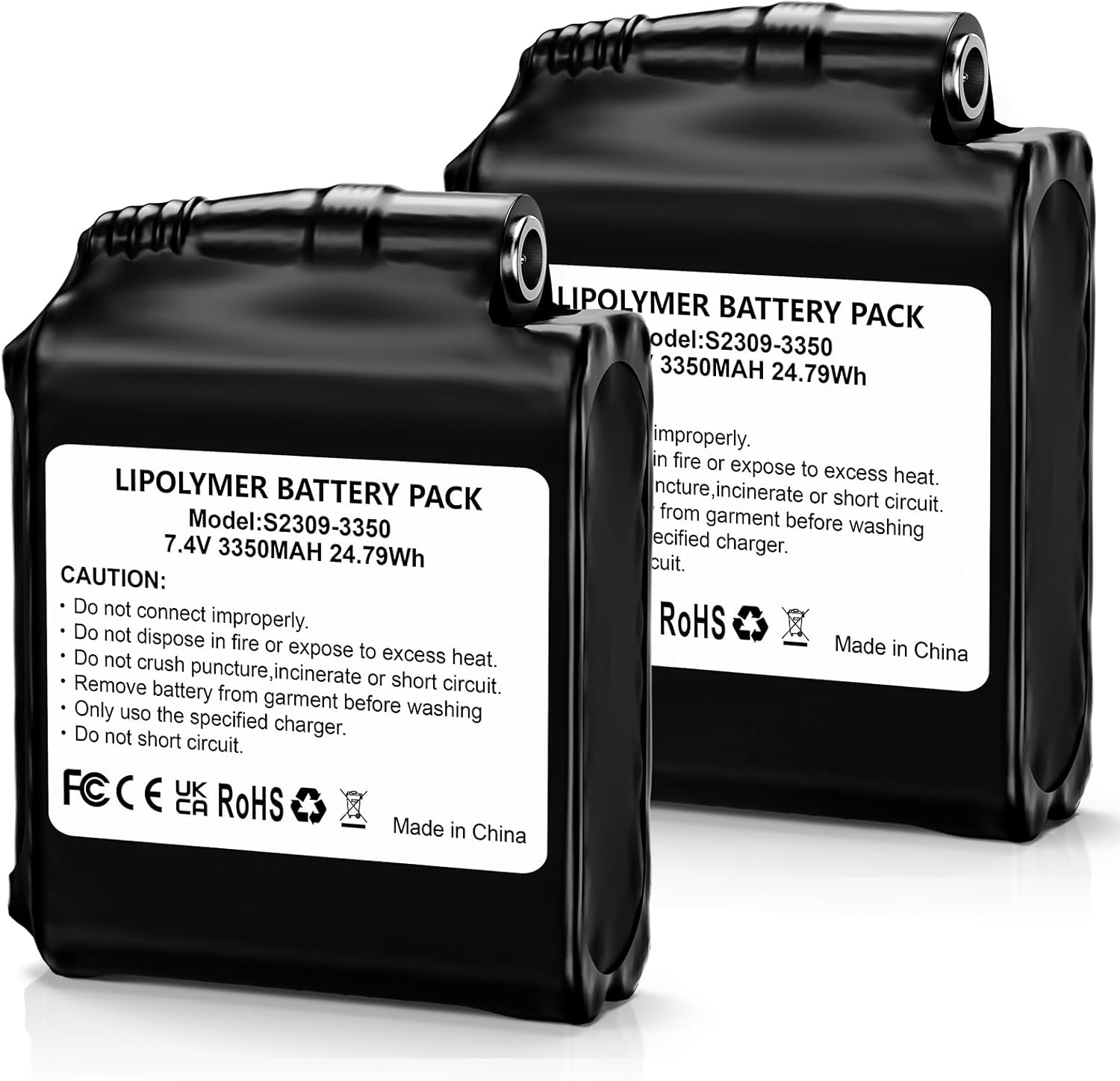 2 Pack Rechargeable Li-Polymer Battery Pack 7.4V 3350mAh Compatible with Heated Gloves, Heated Socks, and Other Outdoor Warming Gear