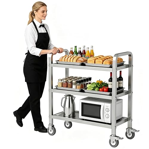 All Stainless Steel Cart, 3 Tier Utility Cart with Brake