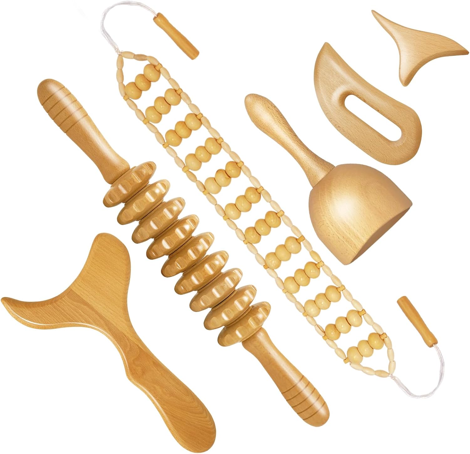 AICNLY 6Pcs Wood Therapy Massage Tools for Body Shaping, Multi-Functional Body Roller for Anti-Cellulite and Sore Muscle, Wooden Massage Roller Stick, Maderoterapia kit, Body Sculpting Tools Set