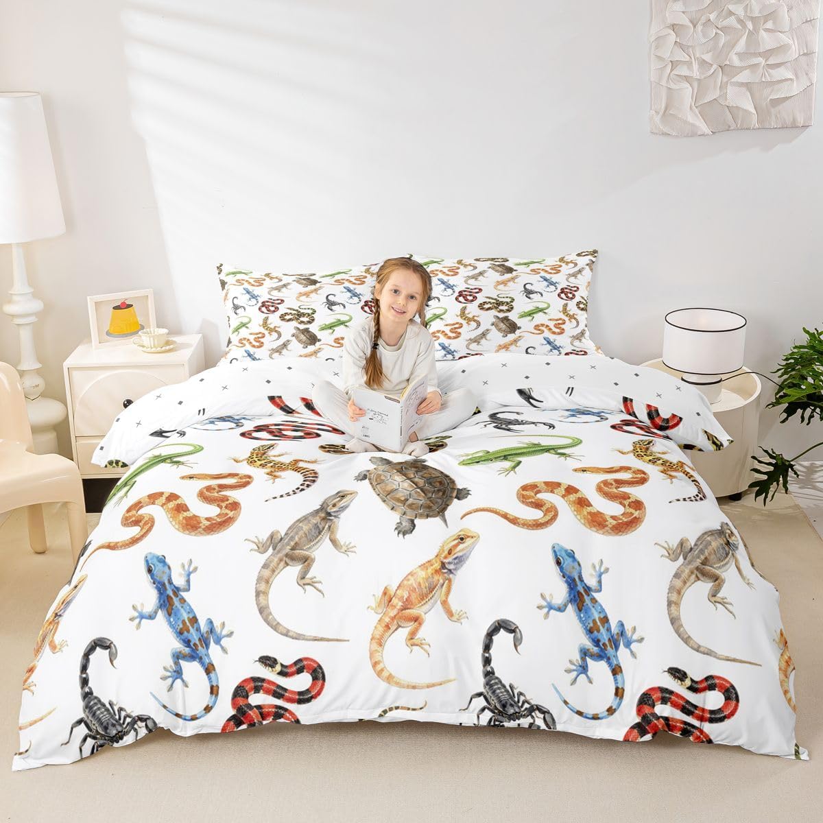 Erosebridal Tropical Reptiles Comforter Cover Queen for Boys - Gecko Turtle Snakes Scorpions Bedding Set Watercolor Nature Wildlife Duvet Cover,Outdoor Adventure Bed Set