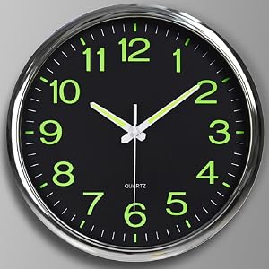 12 Inches Night Light Wall Clocks -with Silent Non-Ticking Glowing Function - Big Solid Numbers Easy to Read Both Day and Night (Silver/Black)