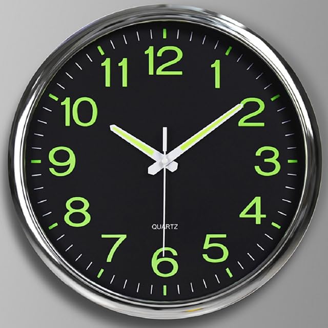 12 Inches Night Light Wall Clocks -with Silent Non-Ticking Glowing Function - Big Solid Numbers Easy to Read Both Day and Night (Silver/Black)