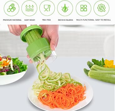 Handheld Low-Carb Spiralizer,3-in-1 Veggie Noodle Maker for Zucchini, Carrots & More, Compact Design for Small Kitchens, Rust-Resistant Stainless Steel Blades(Green)