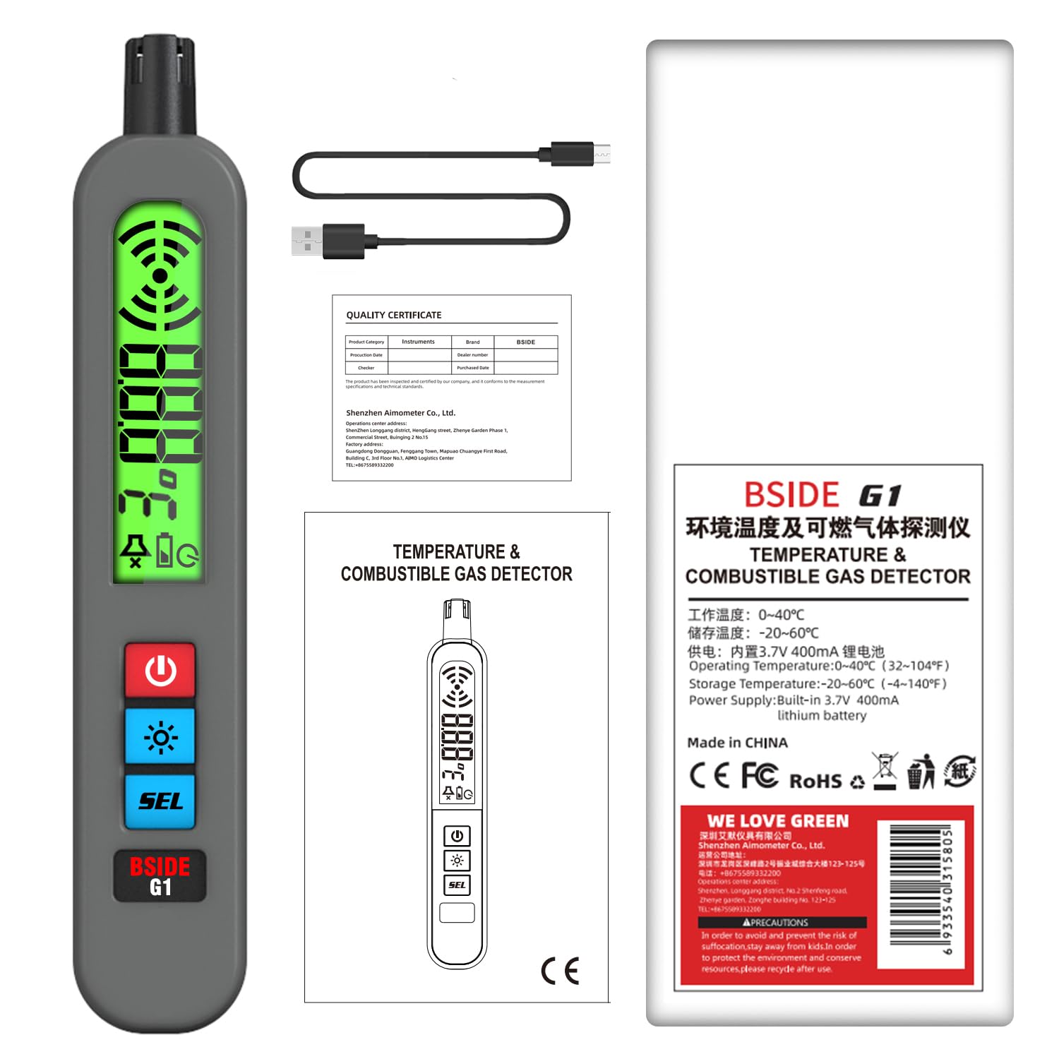 BSIDE Detector de Gas Recargable Detector de Fugas de Gas Natural con Gran LCD Alarma Visual & Zumbador & Vibración Bolígrafo Detector Multigas Portátil para Metano Propano Cocina Casa Autocaravana
