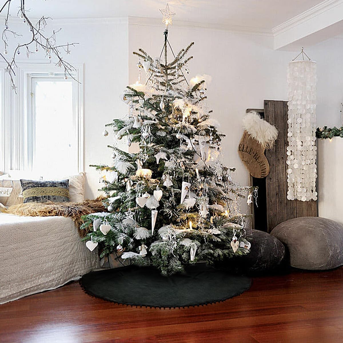 Christmas Tree Skirt, Black Christmas Tree Skirt 48 inches Soft Double Layer Burlap Tree Skirt with Pom Pom for Rustic Christmas Halloween Decorations