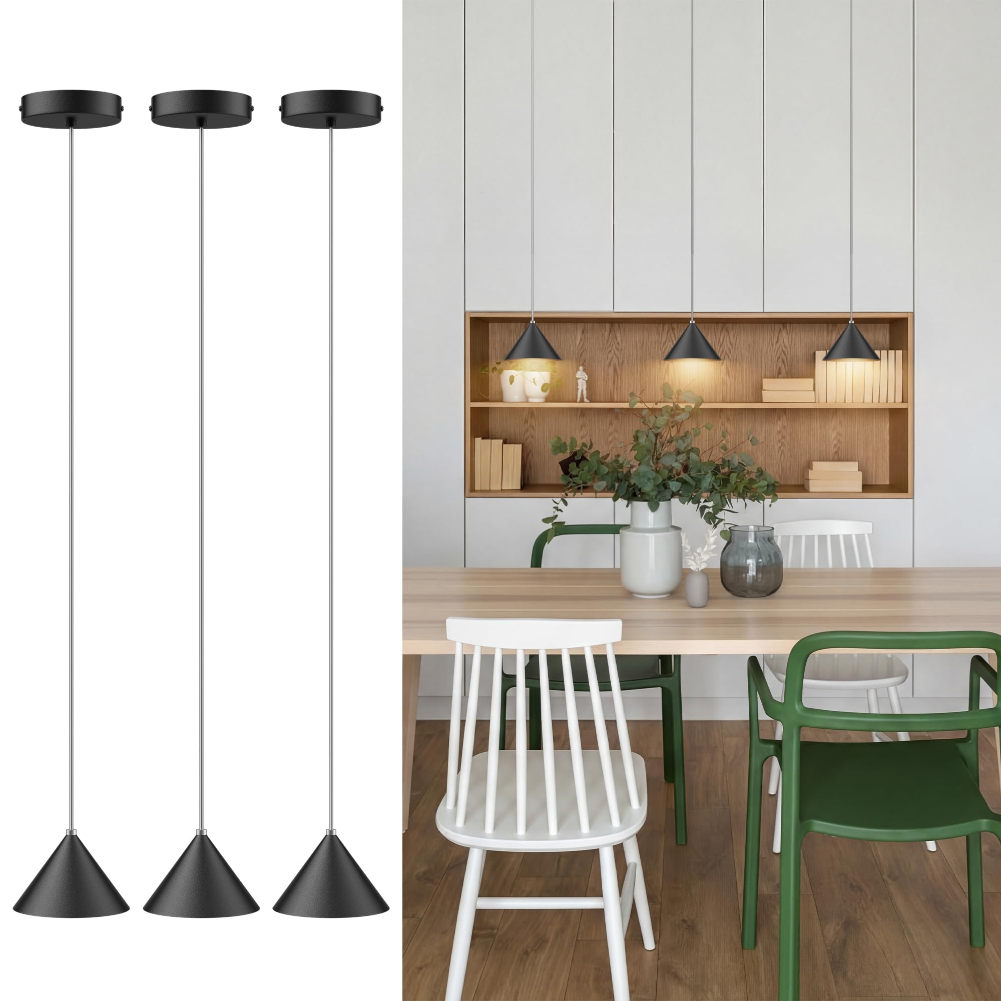 LED Lámpara de Suspensión cónica de aluminio,3PCS Lamparas Colgantes Mesita de Noche - Diseño moderno 12W 3000K 800LM Cable textil ajustable para cocinas Comedor, Dormitorio, Café (Negro)