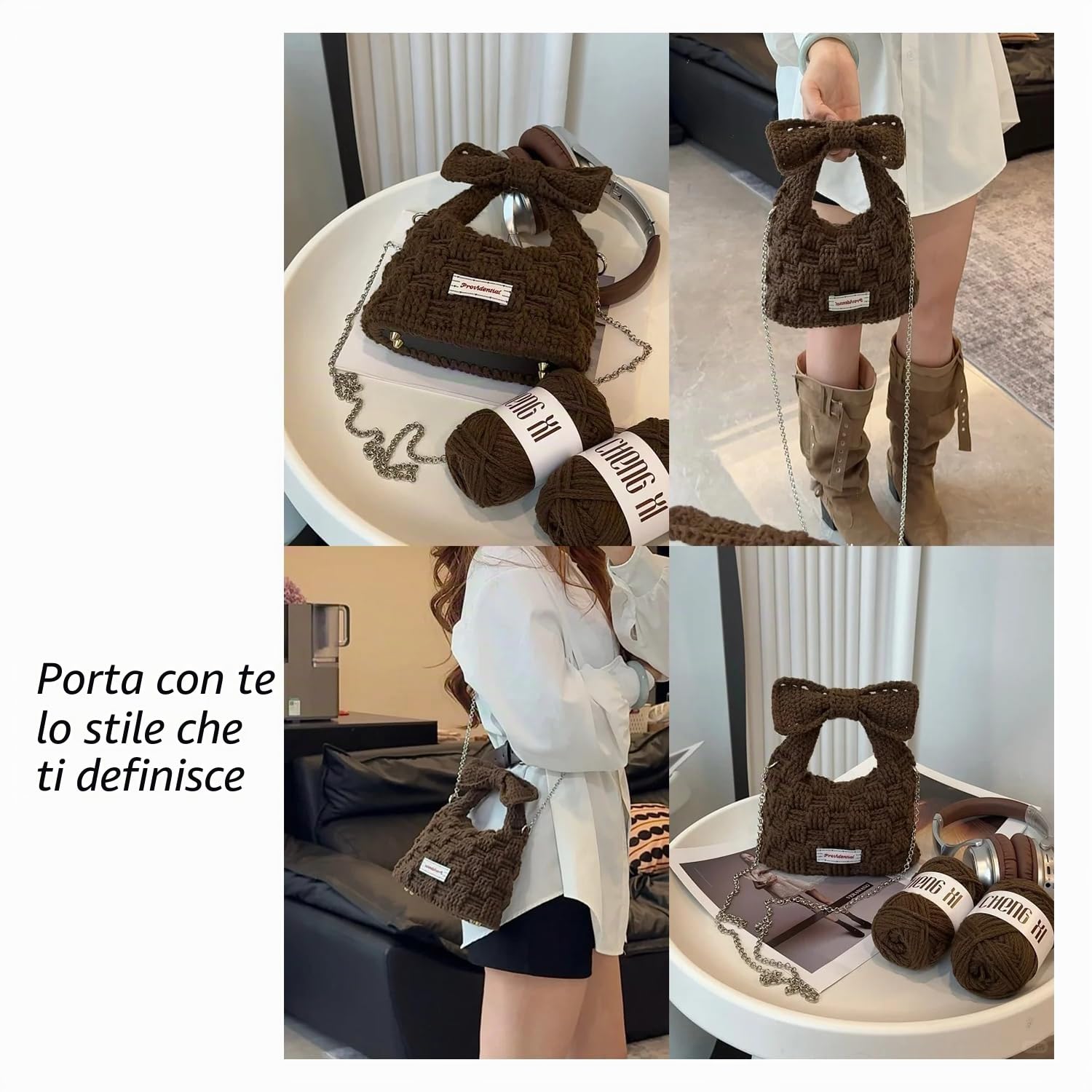 4 ripiani tascabili in pelle PU, 30 x 10 cm, ovali per uncinetto e maglia con fori per borse fai da te, marrone, nero, beige, bianco
