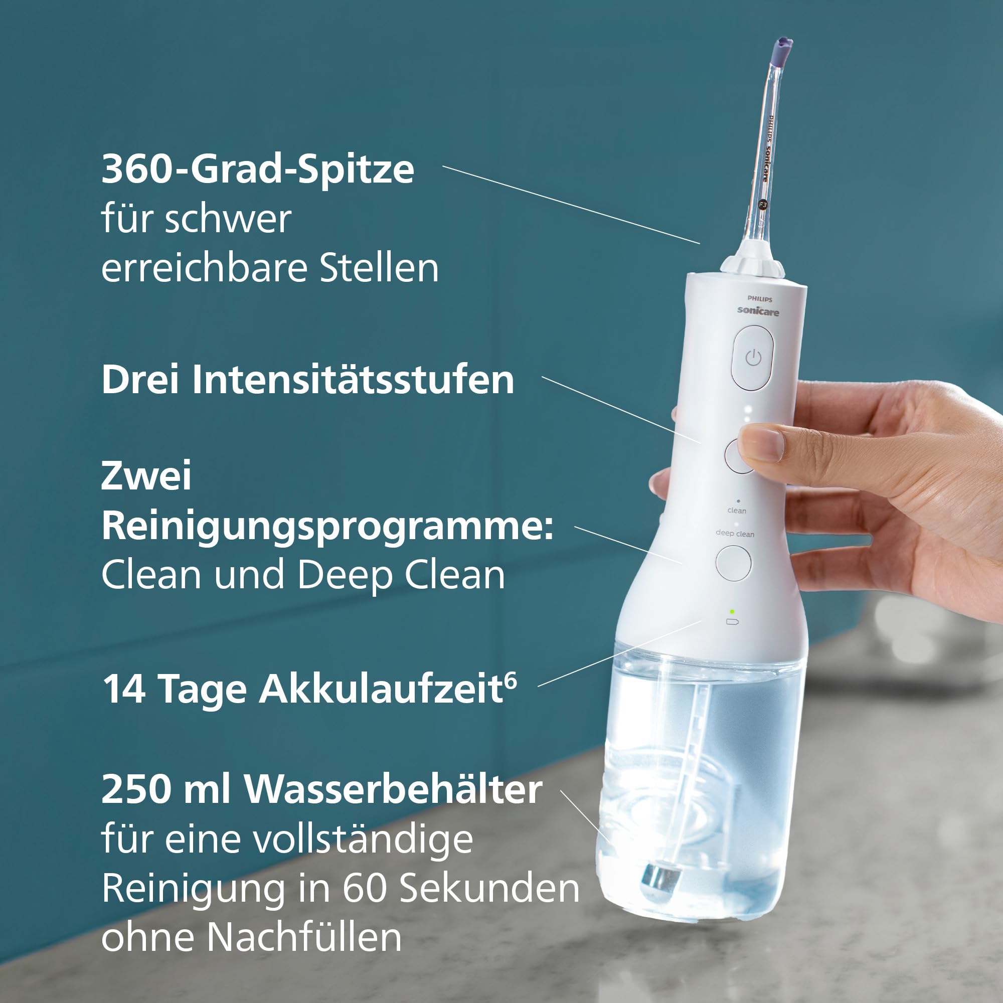 Philips Sonicare kabelloser Power Flosser 3000 Munddusche; Wasser-Flosser für Zähne, Zahnfleisch und Zahnpflege, weiß (Modell HX3826/31)