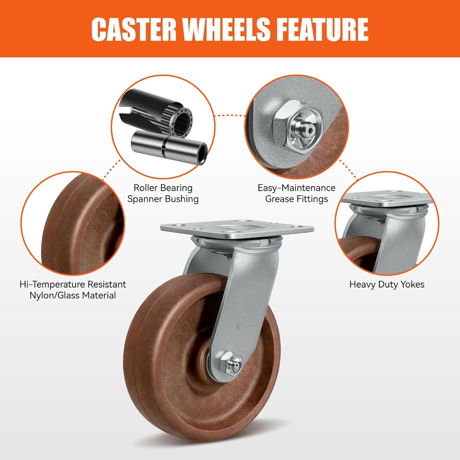 6"X2" High-Temp Nylon Heavy Duty Casters Set of 4,2 Swivel & 2 Rigid,Industrial Casters for Bakery, Metal Smelting, Commercial Kitchen-4800 LBS Load Capacity