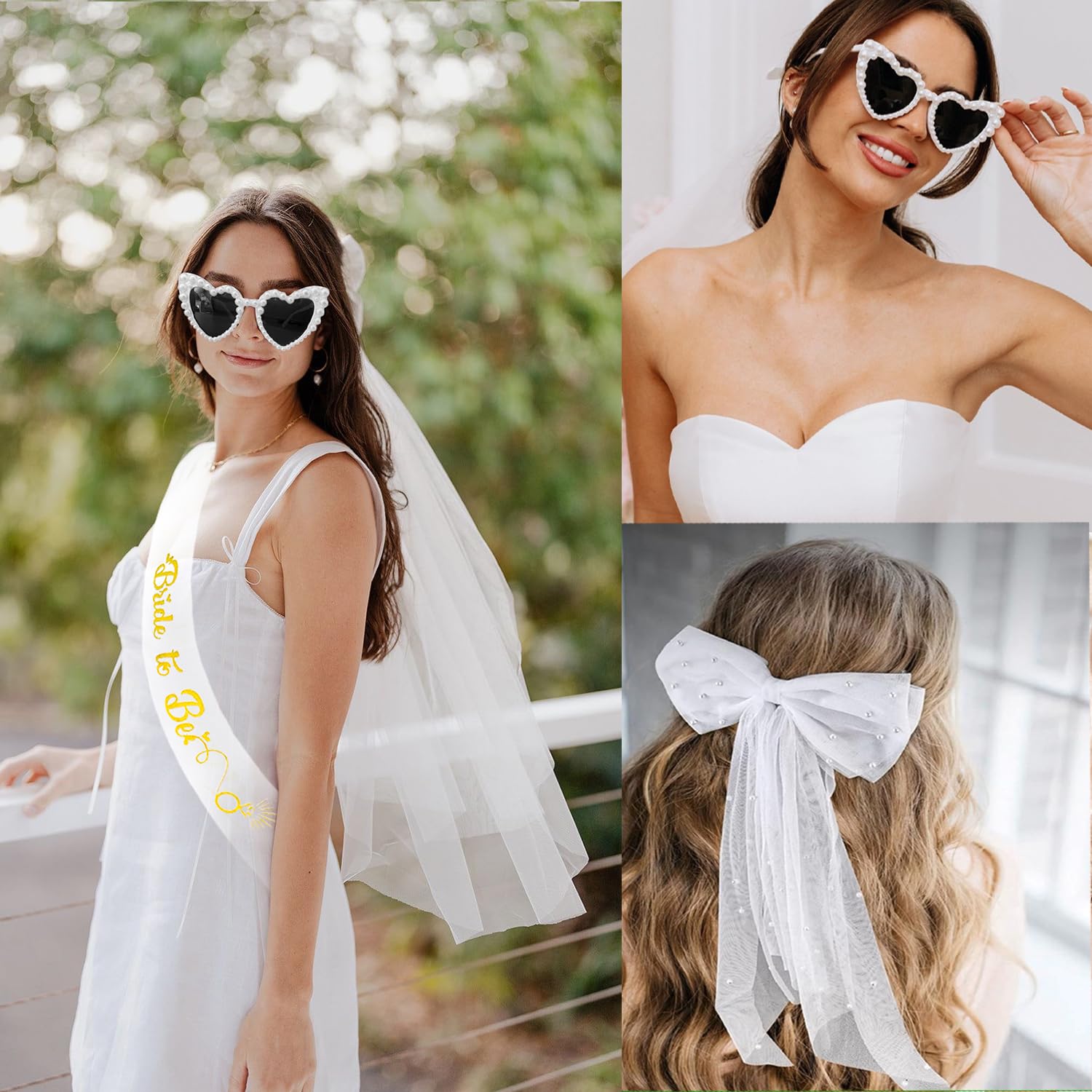 Kit 3 Pièces Accessoires Future Mariée - Voile, Écharpe Et Lunettes Cœur Perlé Pour Enterrement De Vie De Jeune Fille