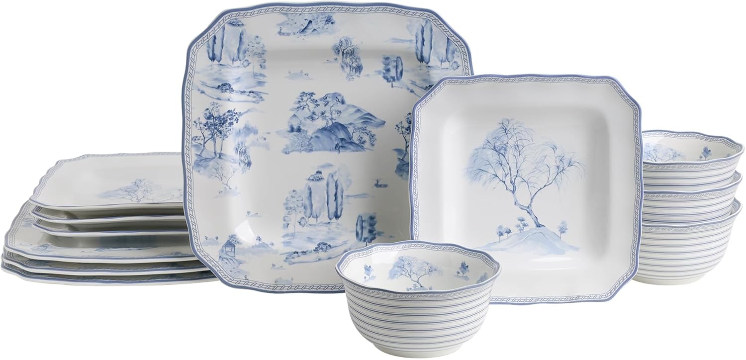 222 Fifth 12-Piece Porcelain Dinnerware Set for 4, Glossy White Plates and Bowls Set with Blue Decal, Elegant Square Ceramic Dish Set, Kitchen Tableware, Microwave & Dishwasher Safe, Scenic Toile