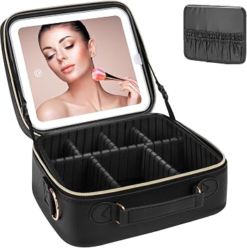 iFalarila Makeup Bag with LED Mirror, [3 Color and Stepless Dimmable] Rechargeable LED Light for Makeup Bag Train Case with Brushes Storage Organizer, Travel Box Cosmetic Bag for Women - Black