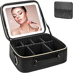 Organizador de Maquiagem com Espelho de LED, [3 Cores e Dimmable Contínuo] Luz de LED Recarregável para Bolsa de Maquiagem com Organizador de Pincéis, Bolsa de Cosméticos de Viagem para Mulheres Preto