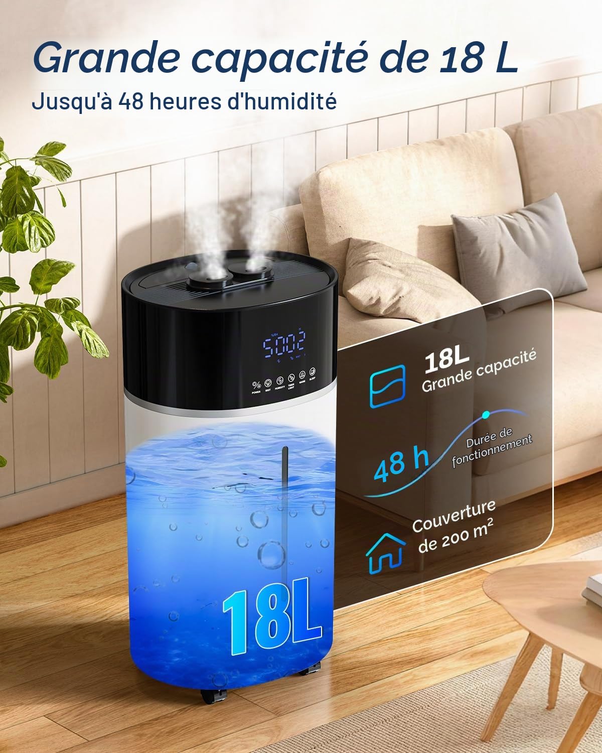 Humidificateur pour grandes pièces, 18 l, technologie brume chaude et froide, blanc