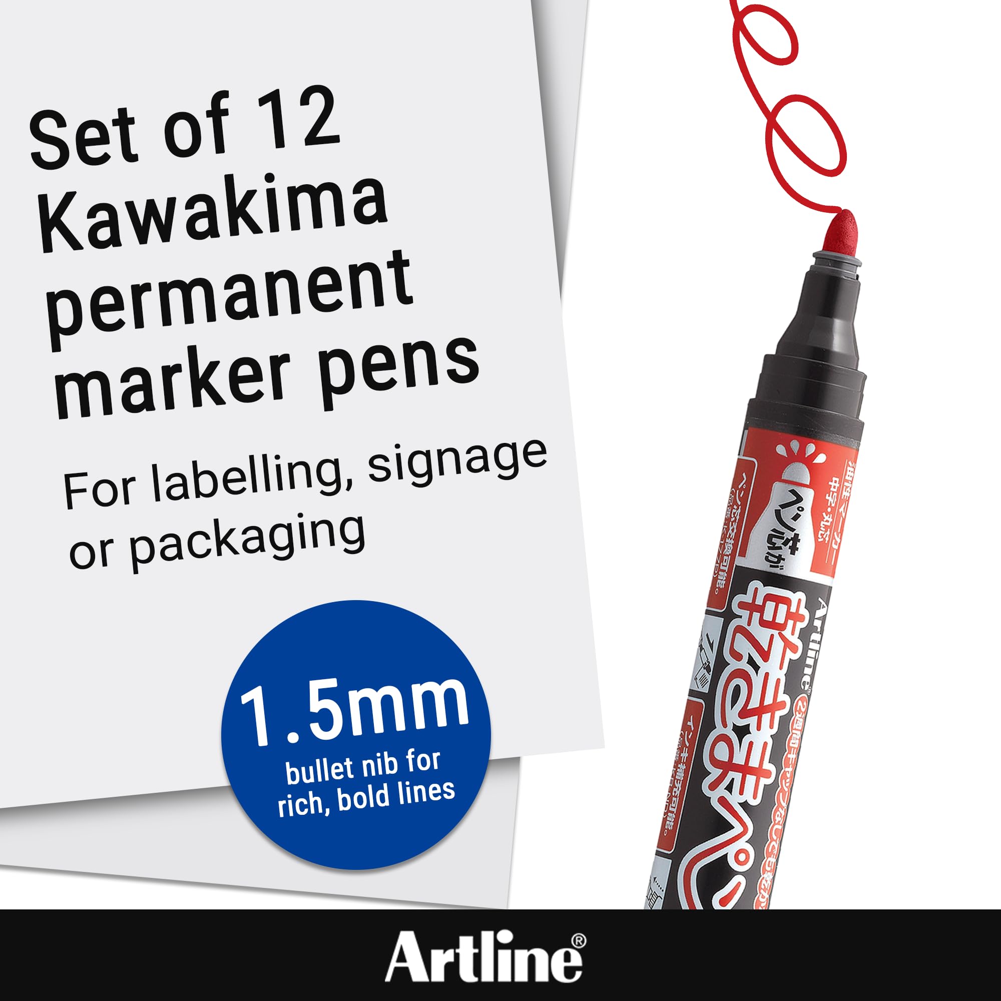 Artline Kawakima Red Permanent Marker Pens (Pack of 12) 1.5mm Nib for Home and Office Use, Dry Safe for 2 Weeks Uncapped, Reuseable, Waterproof, Non-Toxic - Genuine Artline Stationery Supplies - Image 2