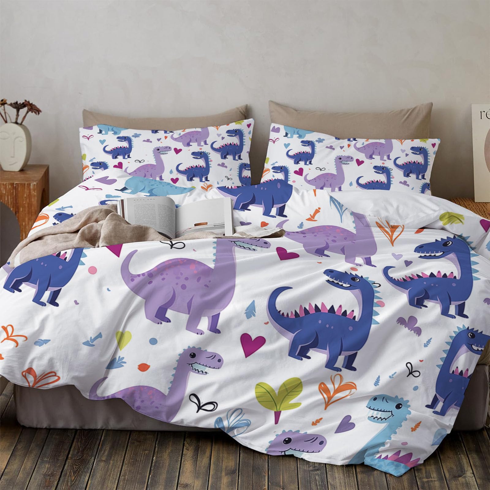 Parure de lit 140x200cm dinosaures blanc avec housse de couette réversible et taies
