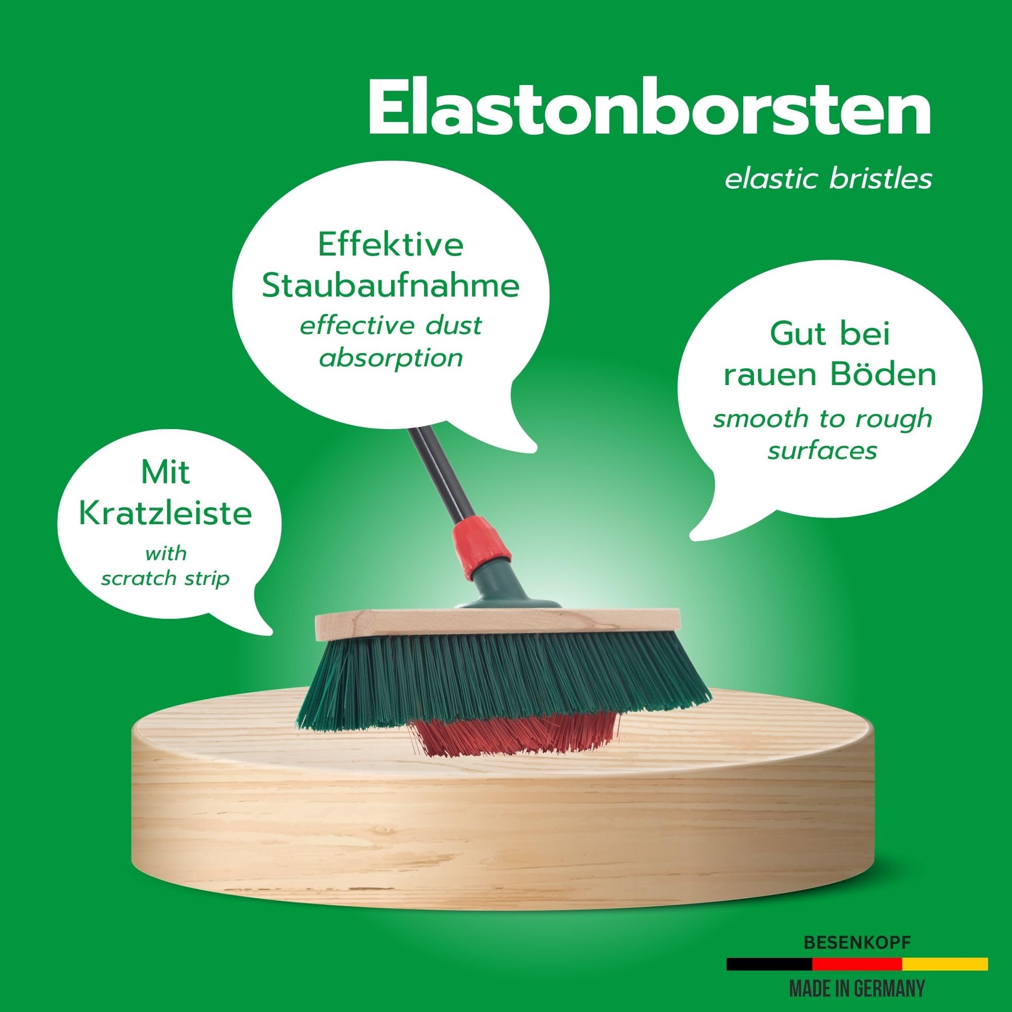 Novaliv 4X Besen mit V-Beborstung 40 cm Elaston grün/rot | Besen mit Teleskopstiel | Straßenbesen Kehrbesen Gartenbesen Industriebesen Hofbesen Allzweckbesen Großraumbesen Garden Broom Strassenbesen