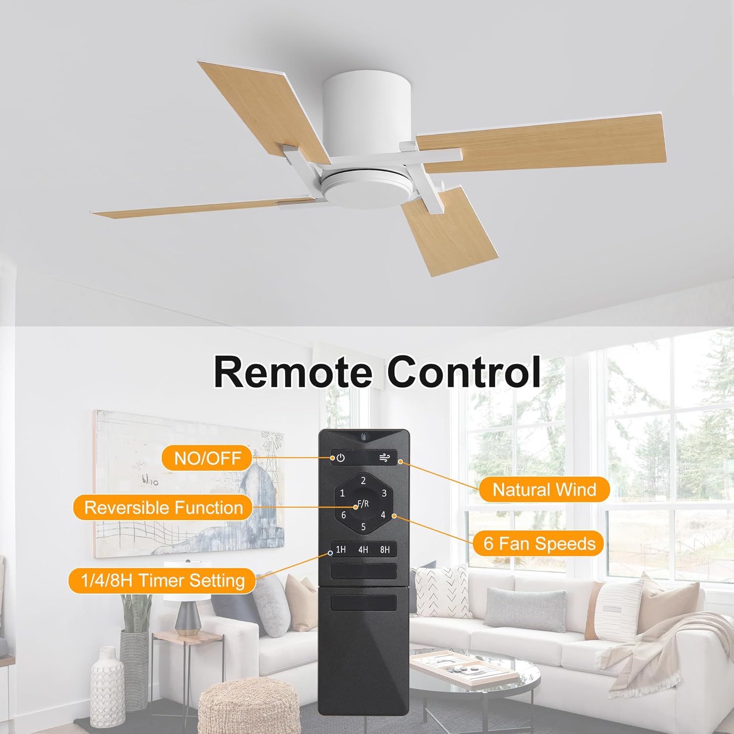 WINGBO 48 Inch Flush Mount Ceiling Fan without Light - 4 Plywood Blades, 6-Speed Reversible DC Motor, Noiseless Low Profile Ceiling Fan No Light for Bedroom Living Room, White and Oak/White