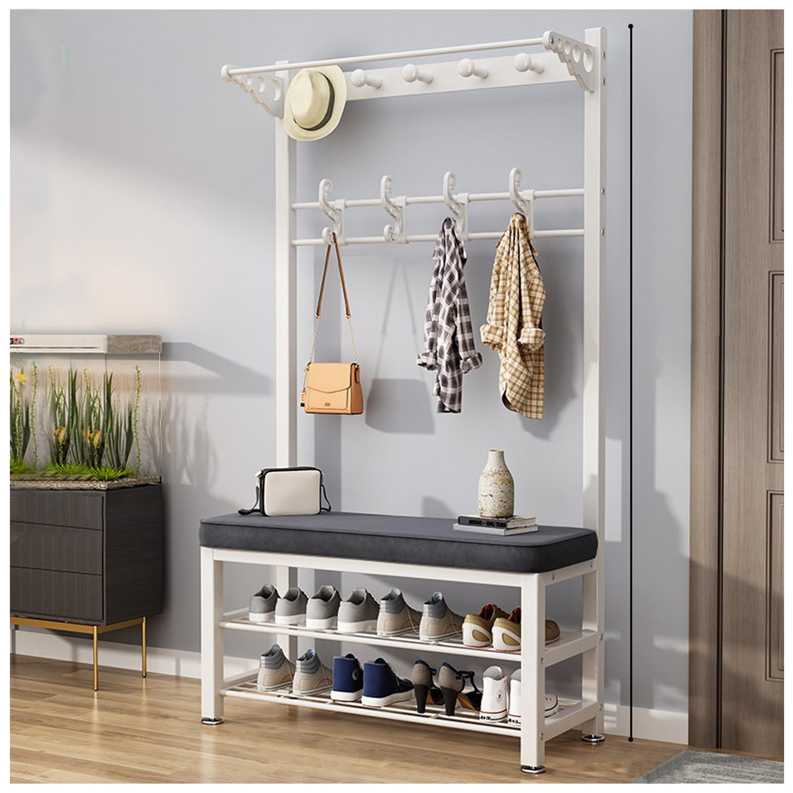 LWJSOCP Free Standing Hallway Coat Rack with Shoe Bench & Storage Shelves Entryway nizer with Hooks Modern White Hall Tree for Living Room (L80*W33CM / L31.4*W12.9IN)
