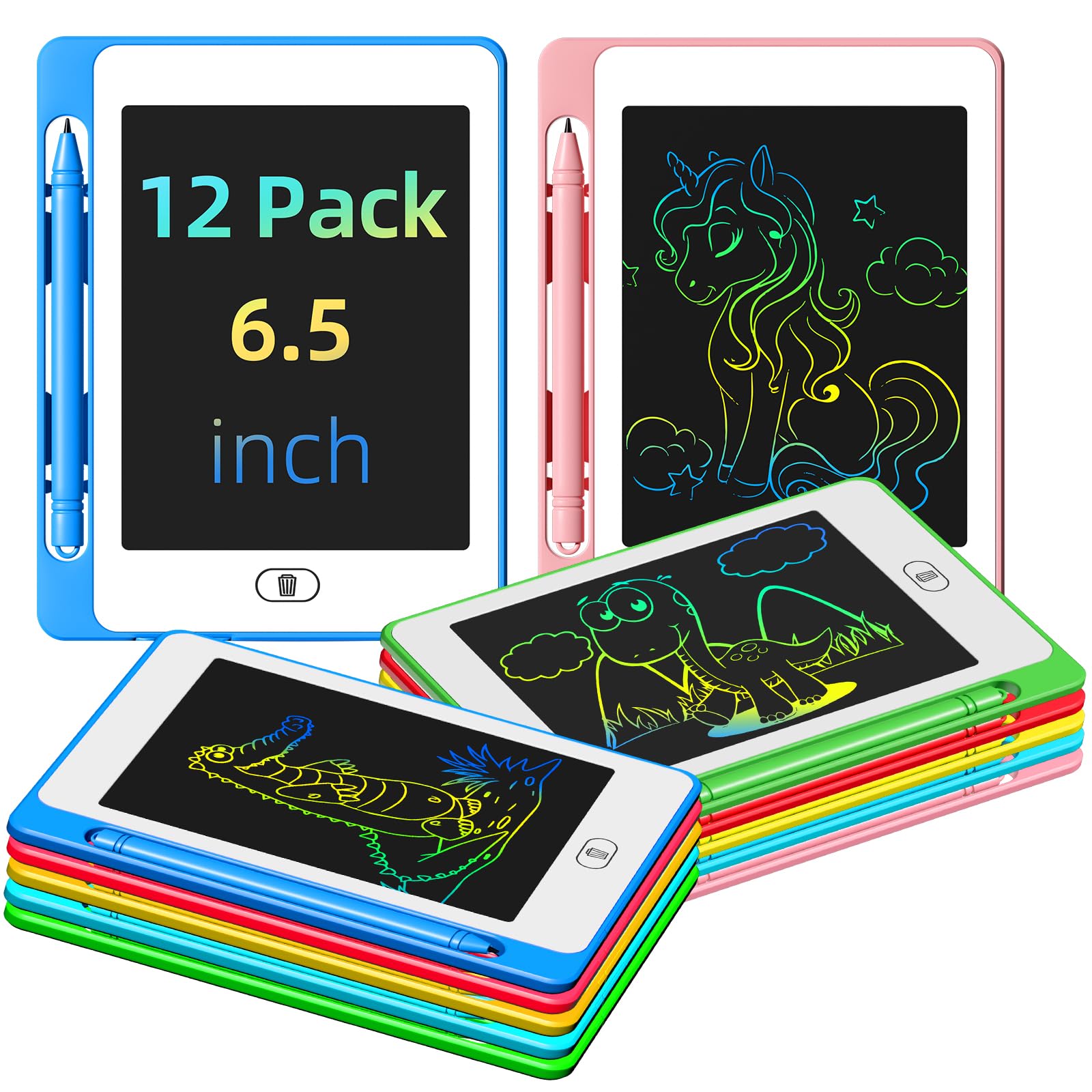 Party Favor 12 Pack LCD Writing Tablet for Kids, 6.5 Inch Colorful Doodle Board Drawing Tablet, Erasable Reusable Drawing Pads, Educational Learning Toys Birthday Gifts for Girls Boys Age 3 4 5 6 7 8