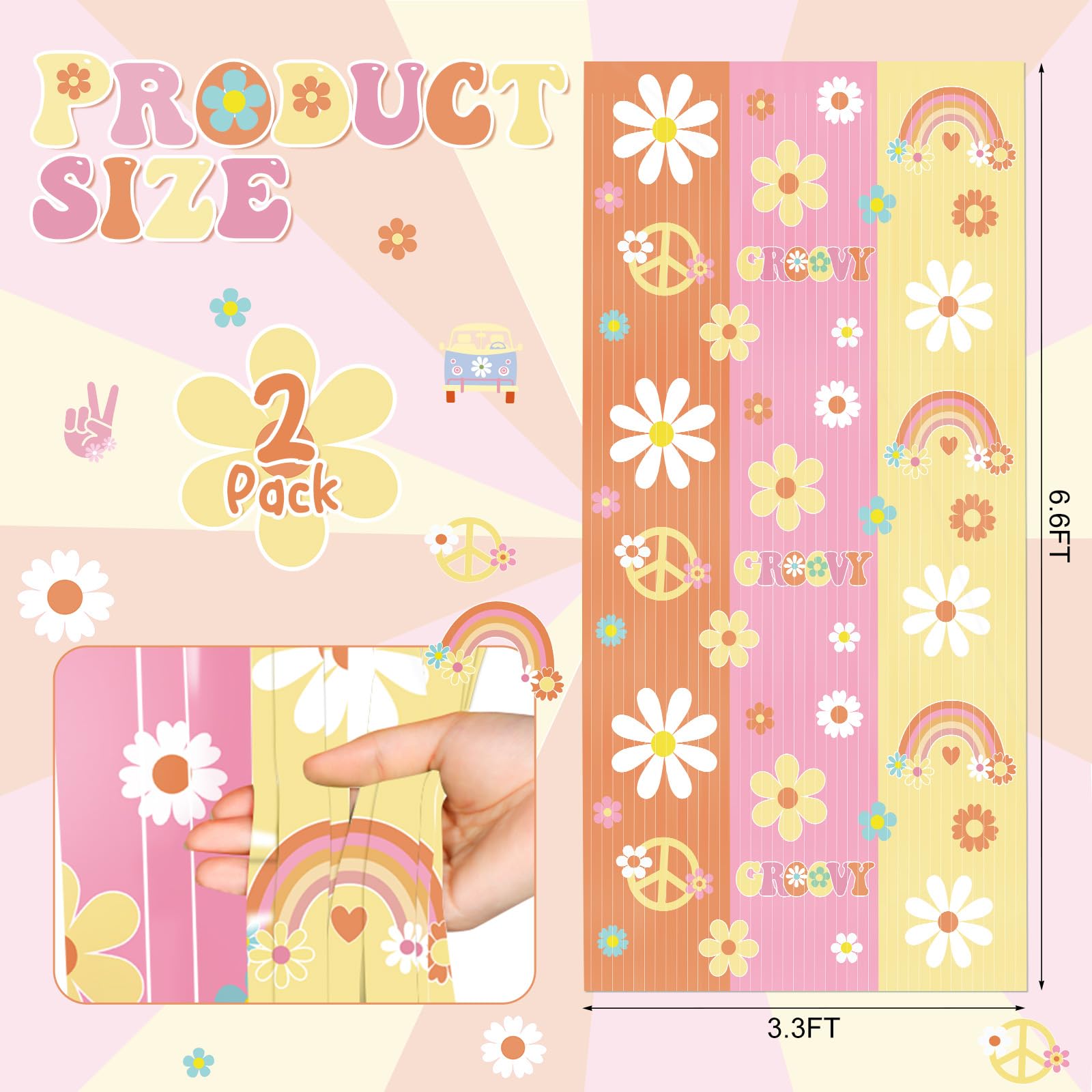 WovWeave 2 Packs Hippie Boho Foil Fringe Curtain 3.3 x 6.6 ft Two Groovy Fringe Backdrop Colorful Retro Daisy Tinsel Streamers for Boho Hippie Groovy Retro Themed Birthday Party Decoration