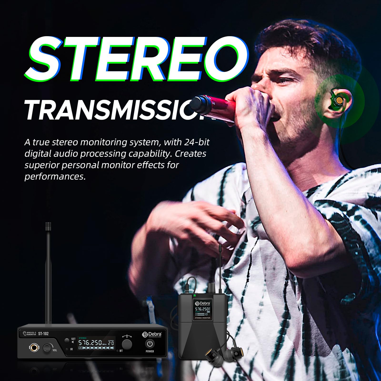 D Debra Système in-Ear UHF ST-102, Monitoring Stéréo, IEM Professionnel