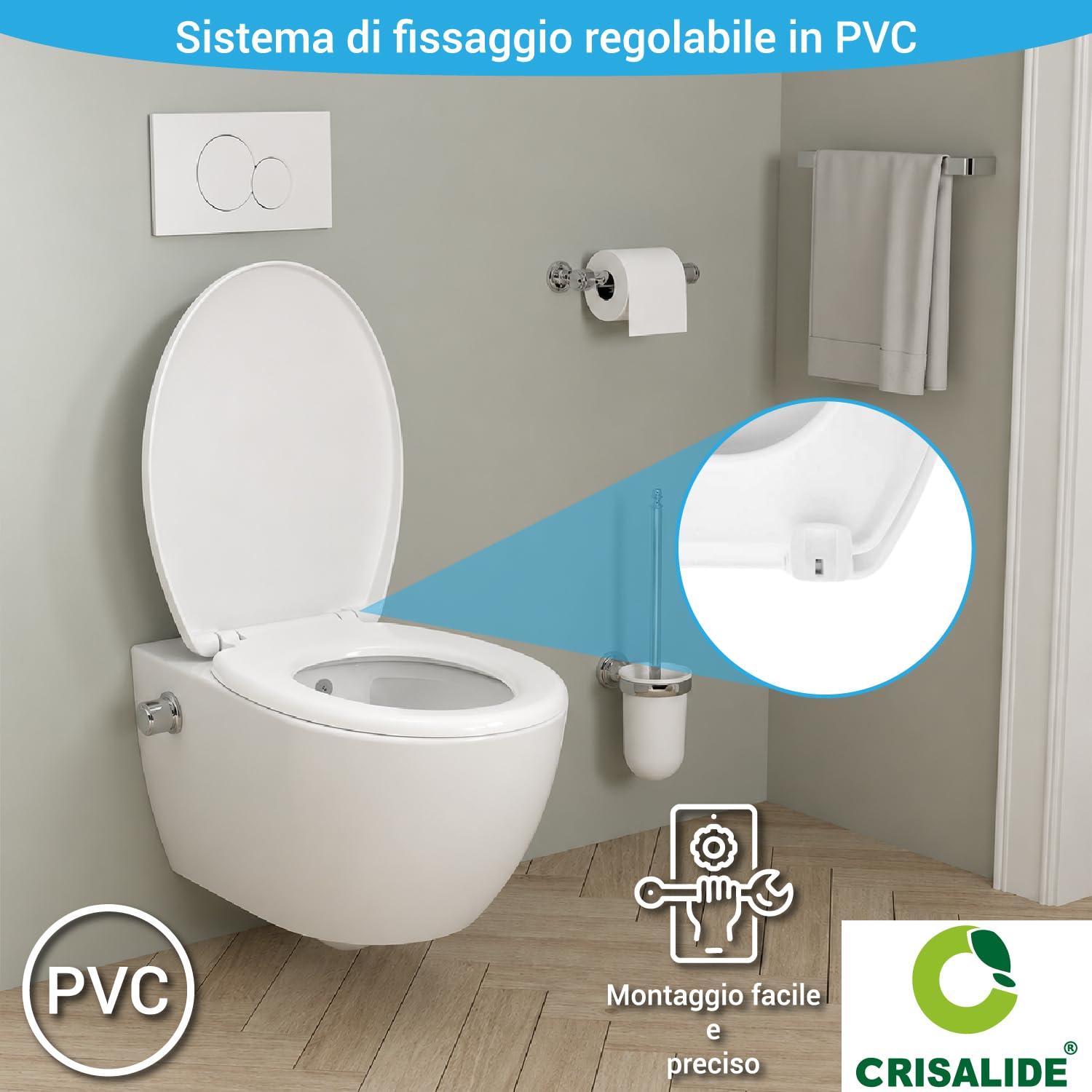 Crisalide® - Asiento de inodoro universal compatible blanco, tapa de inodoro con cobertura completa de MDF, cierre Soft Close, fijación ajustable de PVC, gomas antideslizantes, 36,7 x 44,5 cm
