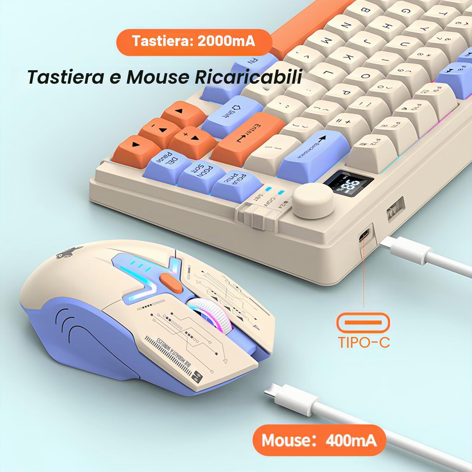 2.4G Tastiera e Mouse Wireless Combo con Dual Mode 80 Tasti Display Volume Manopola Colore Luce Mouse Ricaricabile Dpi Regolabile per Gaming PC Computer