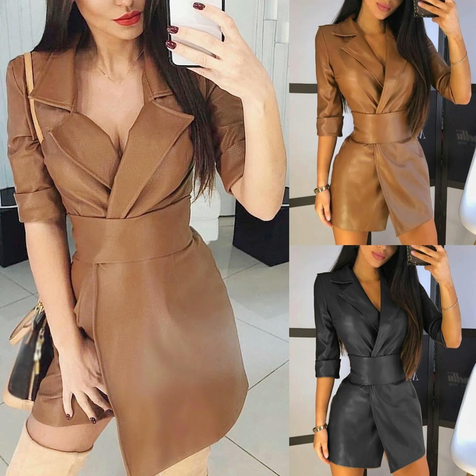 Vestido Elegante de Cuero de Invierno para Mujer, Minivestido Retro con Cuello Vuelto de Media Manga para Club Nocturno, Vestido Sexy Ajustado para Fiesta