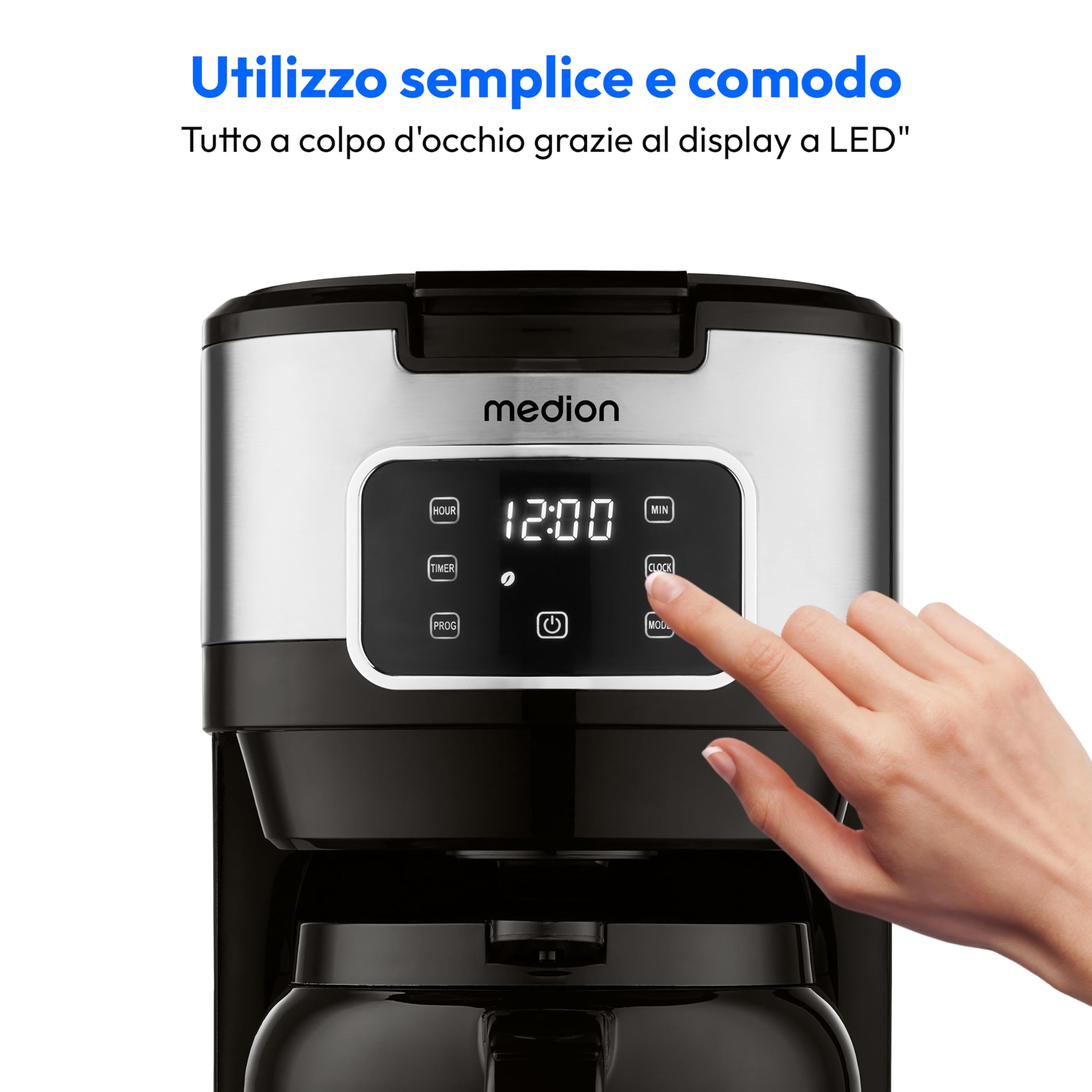 MEDION Caffettiera con caraffa thermos e timer (caffettiera a filtro, 10 tazze, 1,25 litri, 900 watt, timer, antigoccia, display, MD11019) acciaio inox