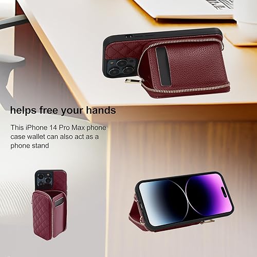 Miniatura 7 de LUCKYCOIN Funda para iPhone 14 Pro Max de piel vegana para iPhone 14 Pro Max con bloqueo RFID y correa cruzada, iPhone 14 Pro Max con tarjetero de