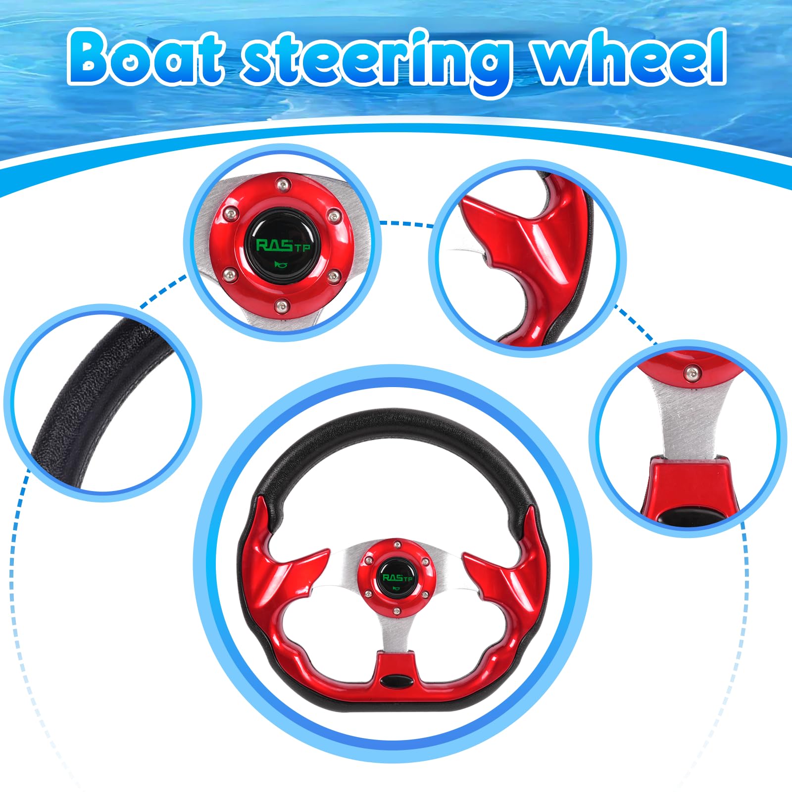 RASTP 32,6 cm (12,6 Zoll) Boots-Lenkrad mit 1,9 cm Achse, Marine-Lenkradadapter für die meisten Marine-Boote, Schiffe, Yachten, Pontons, Boote (rot)