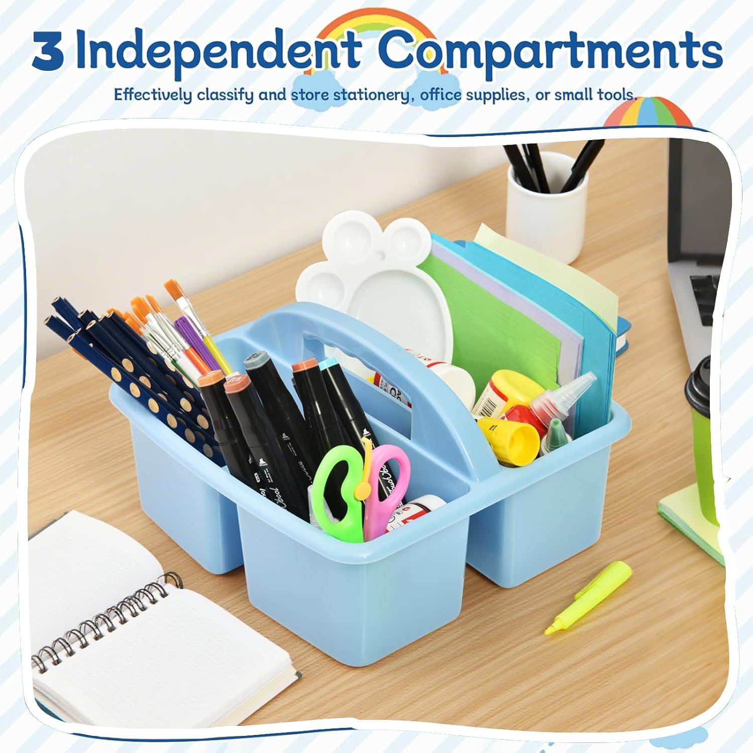 Plastic Storage Caddy Organizers, 6 Pcs Portable Teacher Classroom Supply Caddies with Handle, 3-Compartment Utility Craft Art Caddy for Kids, School Classroom and Office Organization, Boho Colors