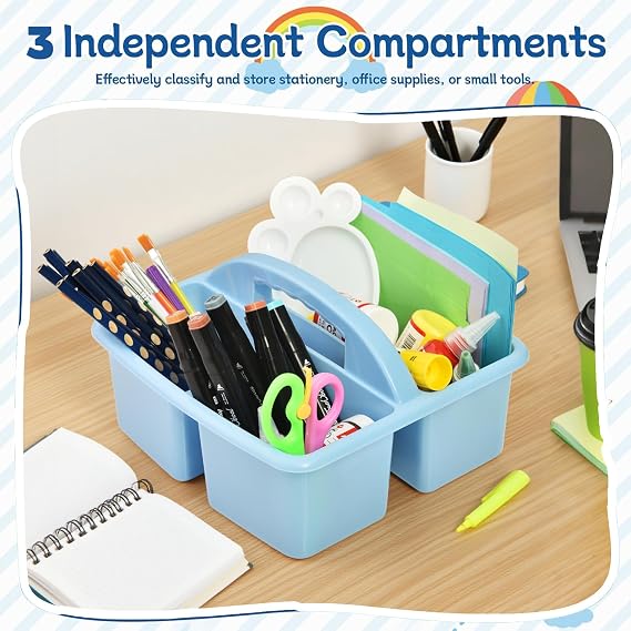 Plastic Storage Caddy Organizers, 6 Pcs Portable Teacher Classroom Supply Caddies with Handle, 3-Compartment Utility Craft Art Caddy for Kids, School Classroom and Office Organization, Boho Colors