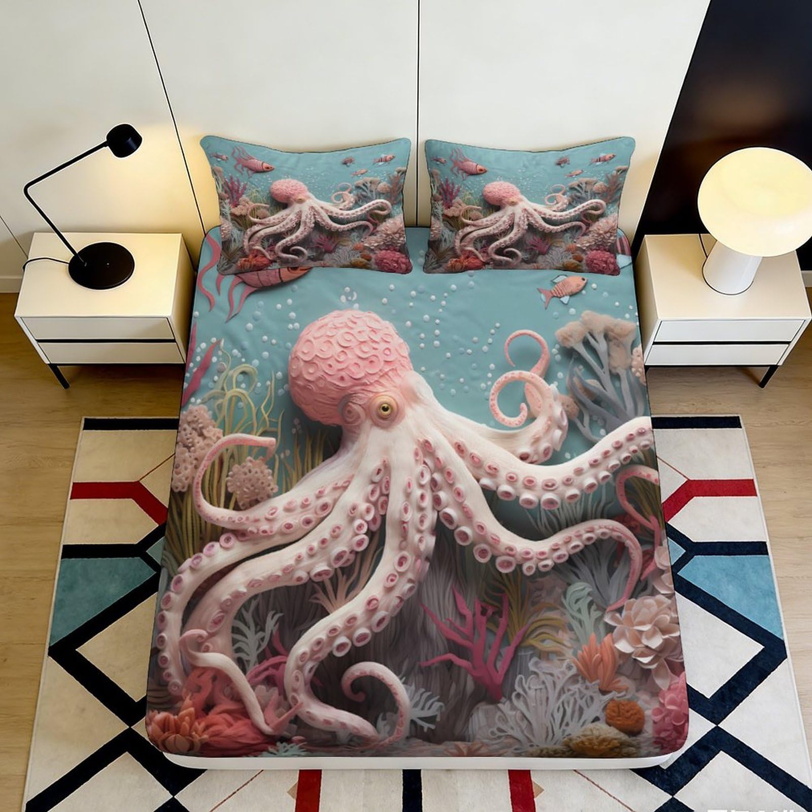 3D Printed Octopus Ocean Fitted Sheet Microfiber Soft Pink Marine Bed Cover for Bedroom Guest Room Decor 90x200x25cm